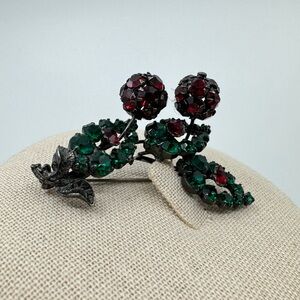 Vintage Austria Red & Green Rhinestone Flower Brooch